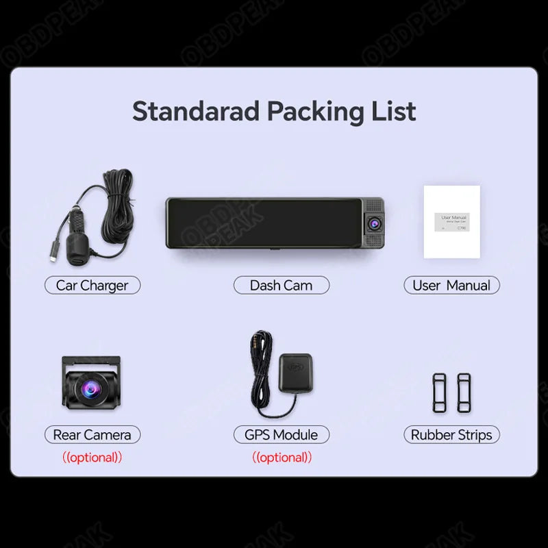 Dashcam voor Auto - WiFi - Dashcams - FullHD video - Met 3 camera's - Super compact - 16:9 - 10.26 inch Scherm - Zwarte doos GPS - Zwart