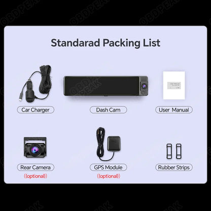 Dashcam voor Auto - WiFi - Dashcams - FullHD video - Met 3 camera's - Super compact - 16:9 - 10.26 inch Scherm - Zwarte doos GPS - Zwart