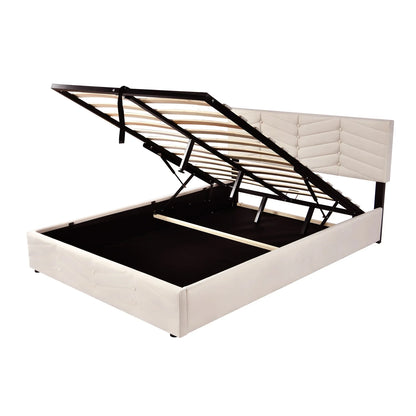 Fluwelen Bed – Velvet Bed – Luxe Bed – Slaapbed – Beige Bed – Verstelbare Hoofdsteun – Robuuste Houten Lattenbodem - QUORE