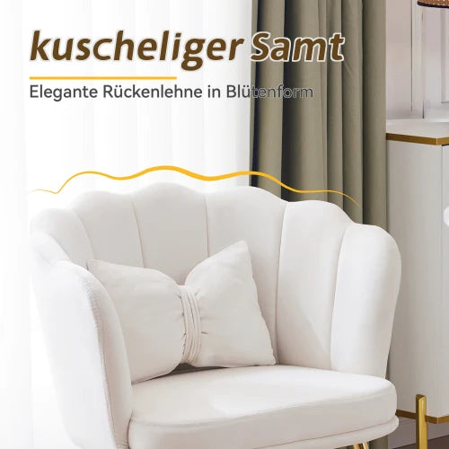 Eetkamerstoelen – Set van 2 - Velours Stoel – Lounge Stoel – Fluwelen Fauteuil – Design Fauteuil – Bloembladdesign – Ergonomisch Zitcomfort – Vergulde Metalen Poten - Wit