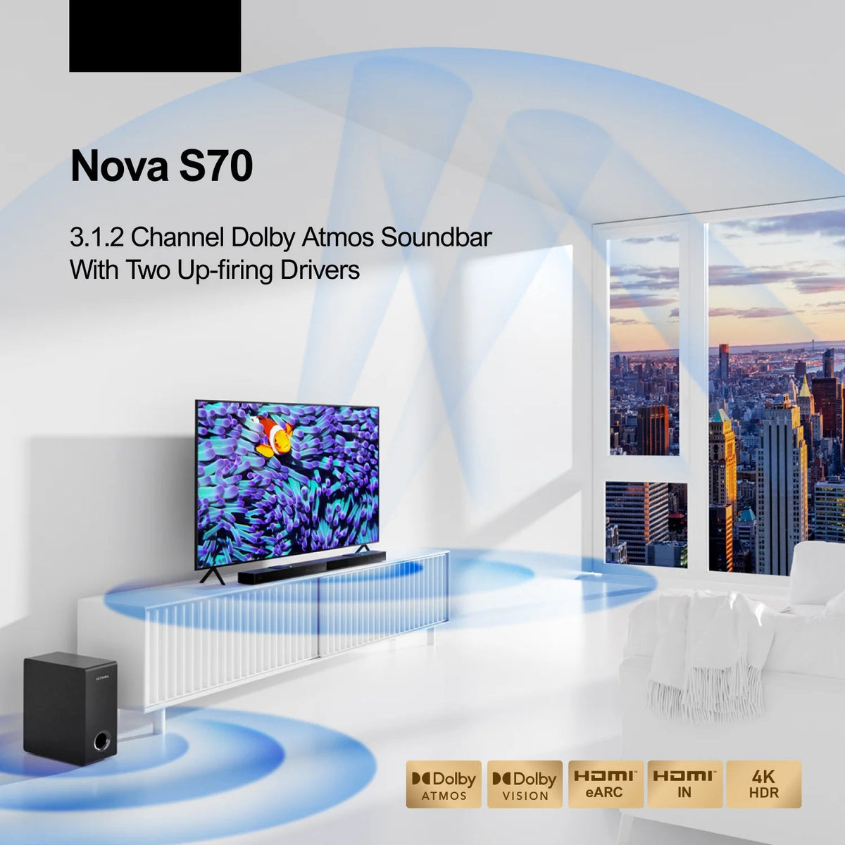 Soundbar - Soundbar for TV - Speakers - Speaker cables - Dolby AtmosSpeaker - 2 Upward-Facing Drivers - - 50Hz-20KHz - 390W - Black
