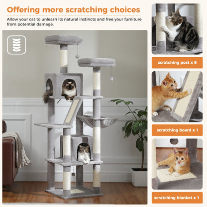 Kattenboom - Sisal Krabpalen - Kitten Krabpaal - Katten Klimmuur - Arbre a Chat - Meerdere Verdiepingen - Grote - 180cm - met Hangmat & Speeltjes - Houten Krabmeubel - voor Binnenkatten - Donkergrijs