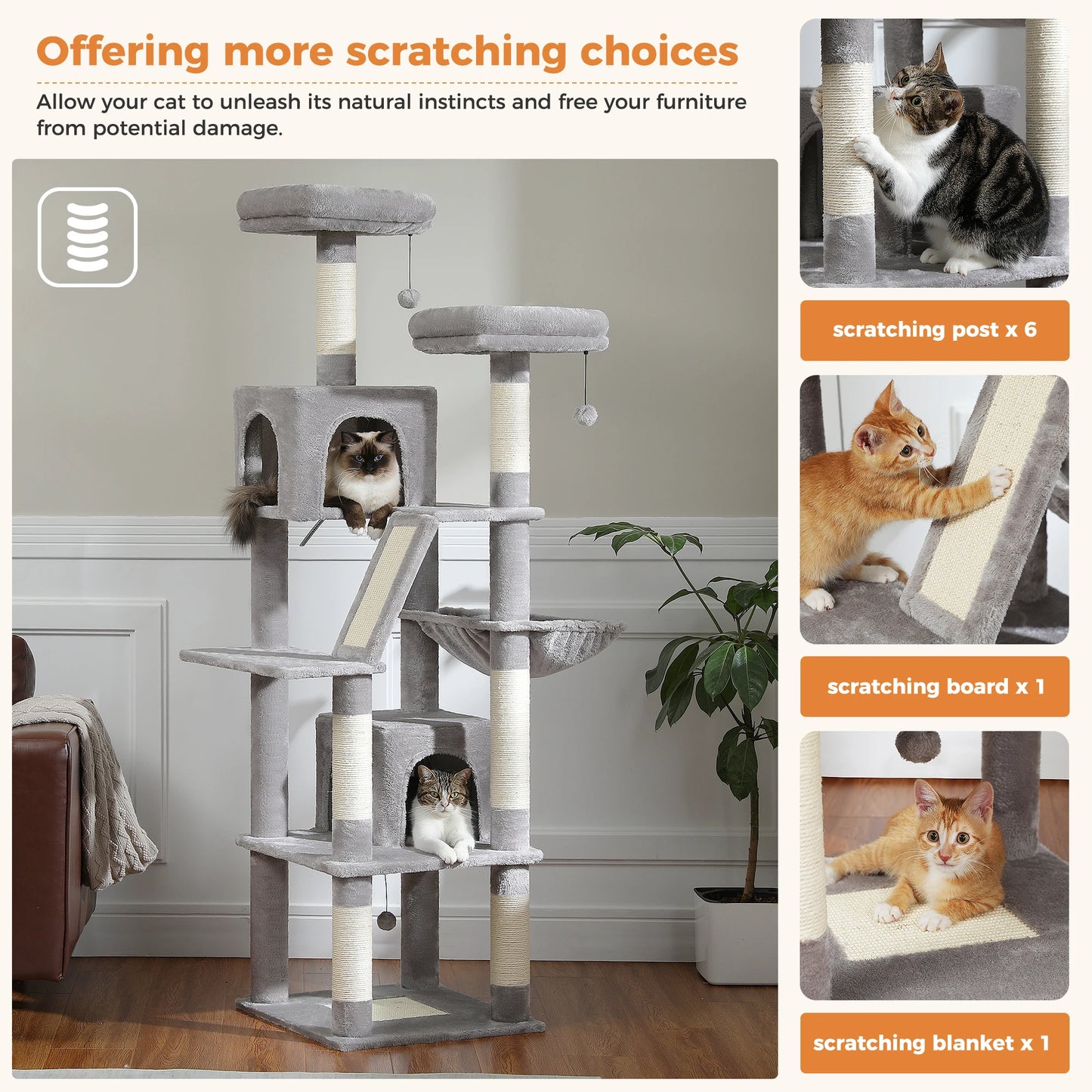 Kattenboom - Sisal Krabpalen - Kitten Krabpaal - Katten Klimmuur - Arbre a Chat - Meerdere Verdiepingen - Grote - 180cm - met Hangmat & Speeltjes - Houten Krabmeubel - voor Binnenkatten - Groen