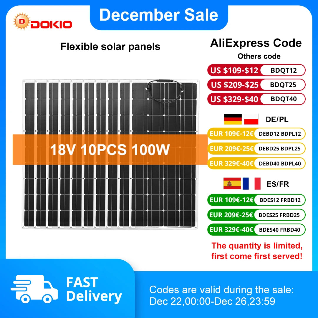 Dokio 18V 10pcs 100W Flexible Solar Panel Monocrystalline Solar Panel For Car/Home Waterproof Charge 12V 1000W Solar Panel - QUORE