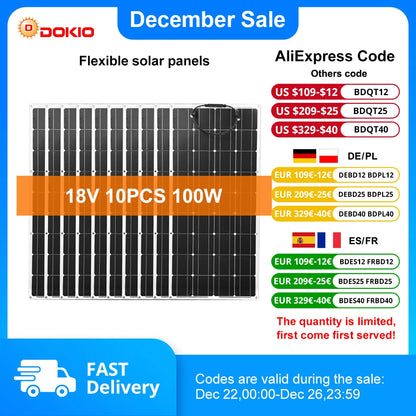 Dokio 18V 10pcs 100W Flexible Solar Panel Monocrystalline Solar Panel For Car/Home Waterproof Charge 12V 1000W Solar Panel - QUORE