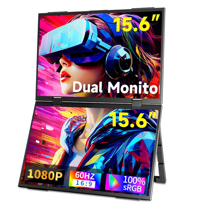 15,6 Inch Draagbare Monitor – Extra Scherm – Laptop Display – Schermvergroter – Tweede Beeldscherm – IPS Scherm Met 178° Kijkhoek – Opvouwbare Standaard 315° - QUORE