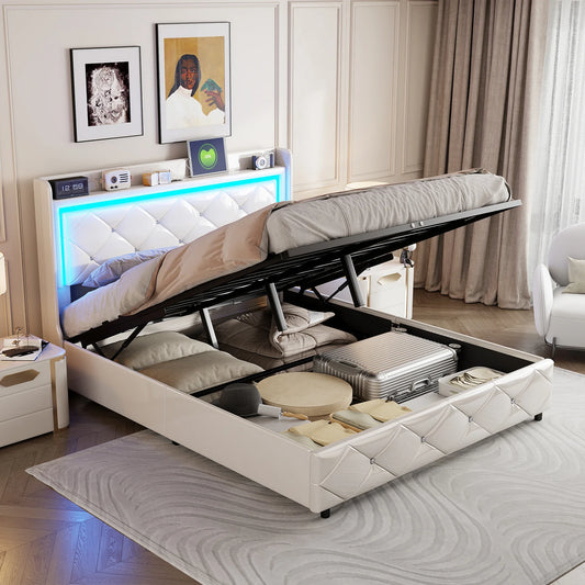 Opbergbed – Hydraulisch Bed – Gestoffeerd Bed – Bed Met Opbergruimte – Kunstleer Bekleding – LED-Verlichting - 140 x 200 - Wit