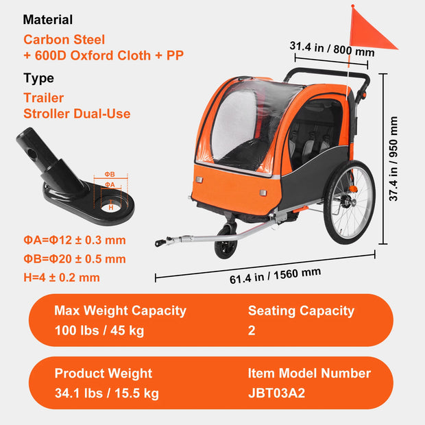Aanhanger Fiets - Fietskar - Fietskar Voor Kinderen - Kinderfietskar - Fiets Aanhanger - Dubbelzits Drager - Opvouwbaar - Kinderfietskar Aanhange - en Wandelwagen Fietskar Voor Kinderen - 61x31x37in - 100lbs Capacity