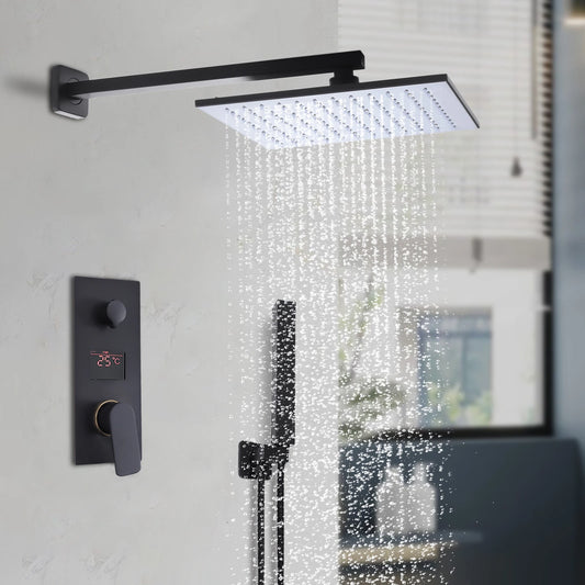 Douche - Regendouche - Douchewand - Douchekolom - Douchepanelen - Moderne Inbouw LED Regendouche Set - 12 Inch - Matzwarte Douchekraan met Luchtinjectie - Slimme Temperatuurregeling & Handdouche - Zwart