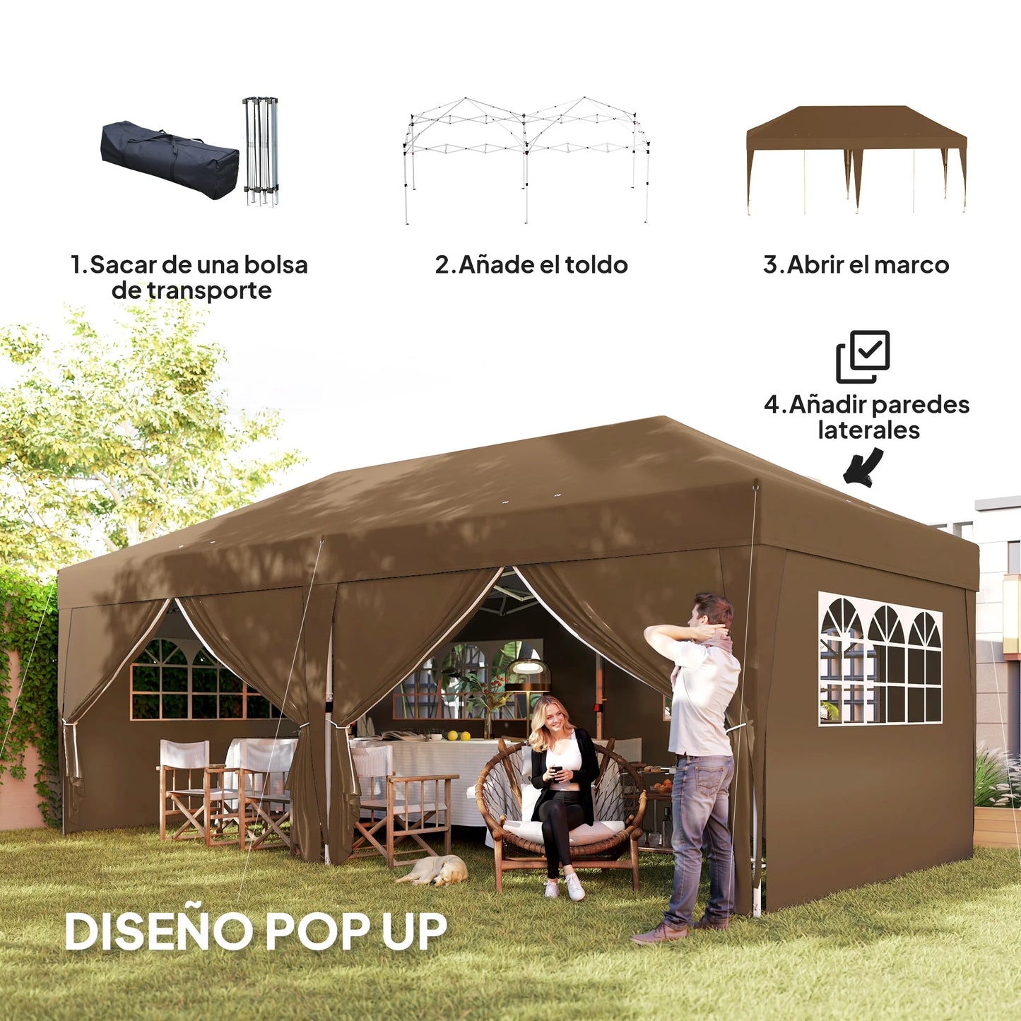 Opvouwbare Tuin Tent – Pop-Up Tent – Buiten Tent – Feest Tent – 6x3 Meter – Waterafstotend Polyester – Verstelbare Hoogte - Bruin - QUORE