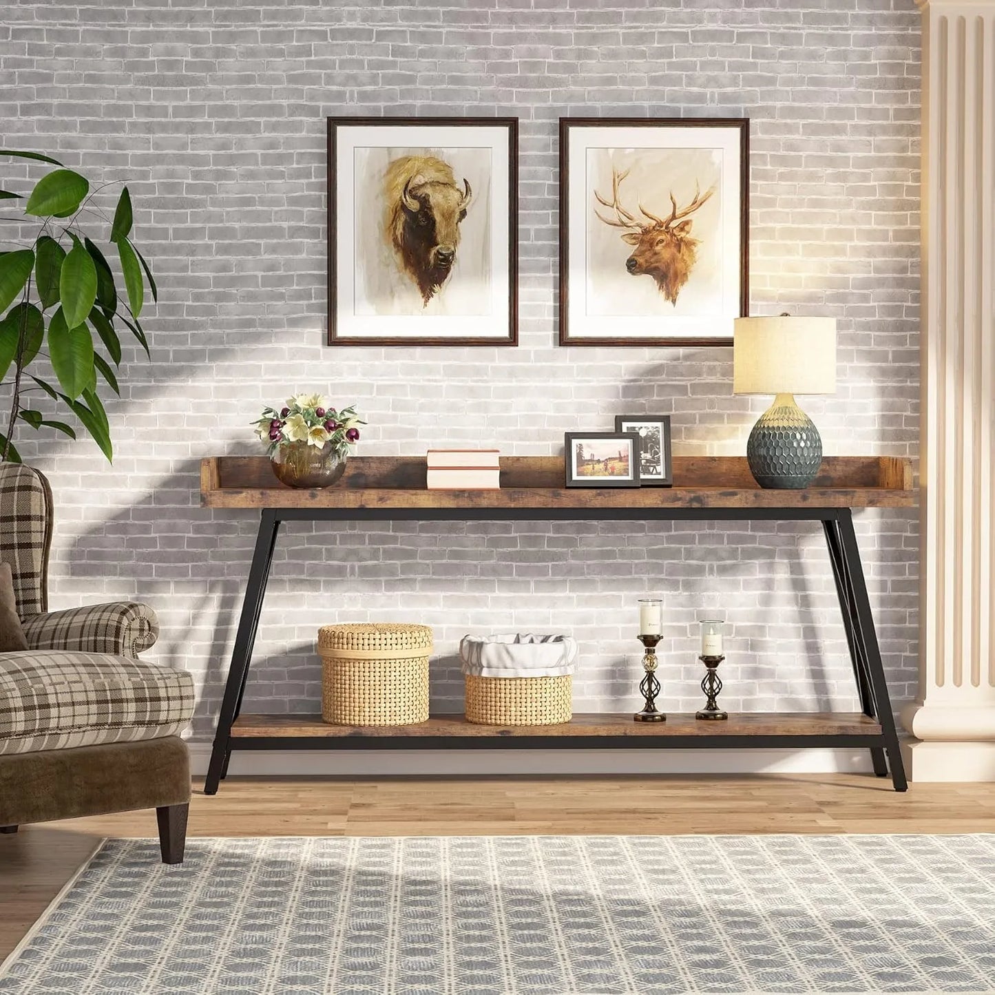Extra Lange Sofa Tafel – Sofa Tafel Achterbank – Sidetable – Banktafel – Industriële Tafel – 180 cm Lang – Rustiek Houten Blad en Metaalframe