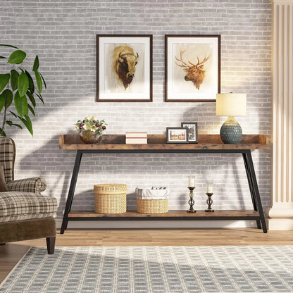 Extra Lange Sofa Tafel – Sofa Tafel Achterbank – Sidetable – Banktafel – Industriële Tafel – 180 cm Lang – Rustiek Houten Blad en Metaalframe