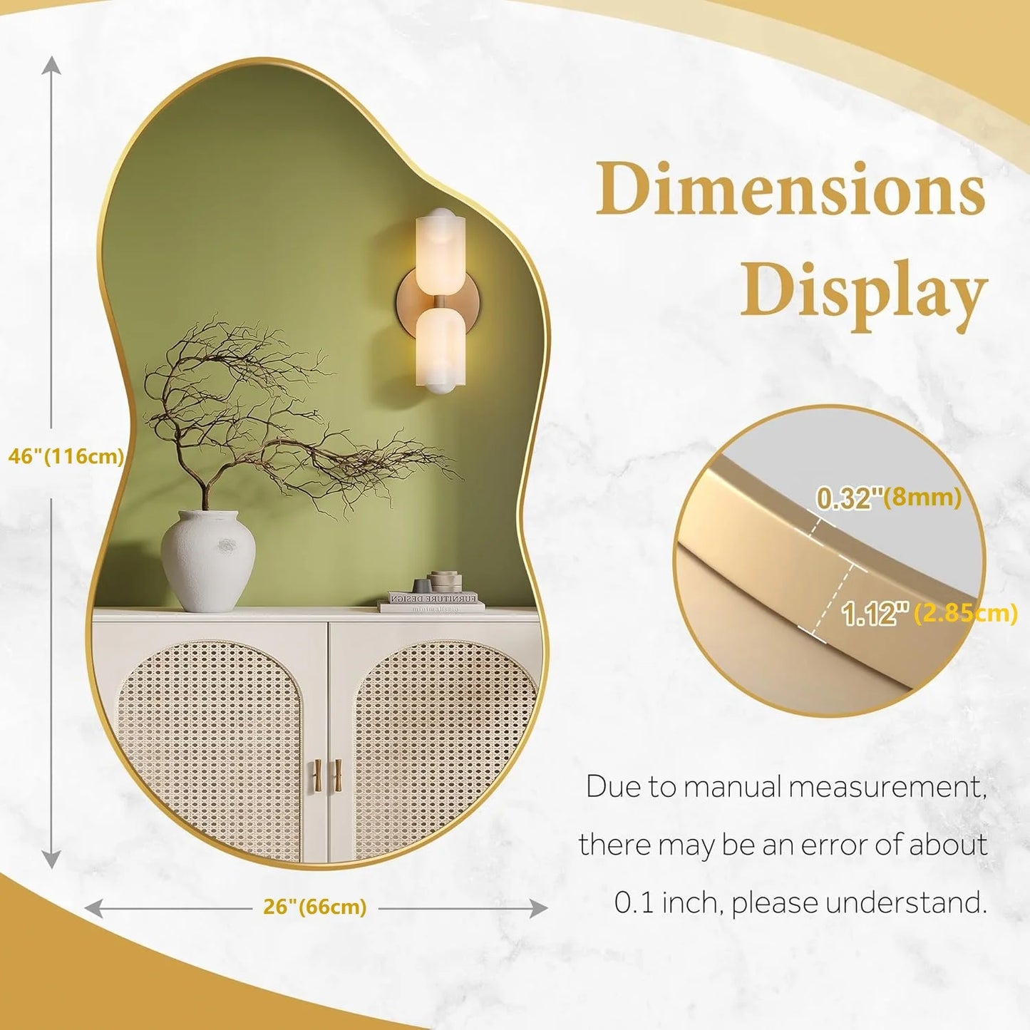 Onregelmatige Wandspiegel – Asymmetrische Spiegel – Decoratieve Spiegel – Woonkamer Spiegel – Badkamer Spiegel – Goud Metalen Frame – 116x66 cm – Roestbestendig & Hoogwaardig Zilverglas