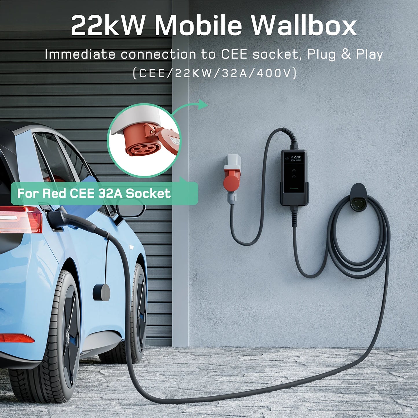 Mobiele Ev-Lader – Draagbare Laadpaal – Elektrische Auto Oplader – Type 2 Laadkabel – 15M Basic Set – 22 KW 3-Fase Snelladen – IP66 Waterdicht Design