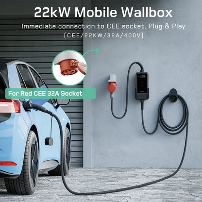 Mobiele EV-Lader – Draagbare Autolader – Elektrische Laadkabel – EV Oplader – Type 2 Lader – 10 Meter Kabel Basic Set – 22kW Snel Laden – Weerbestendig IP66