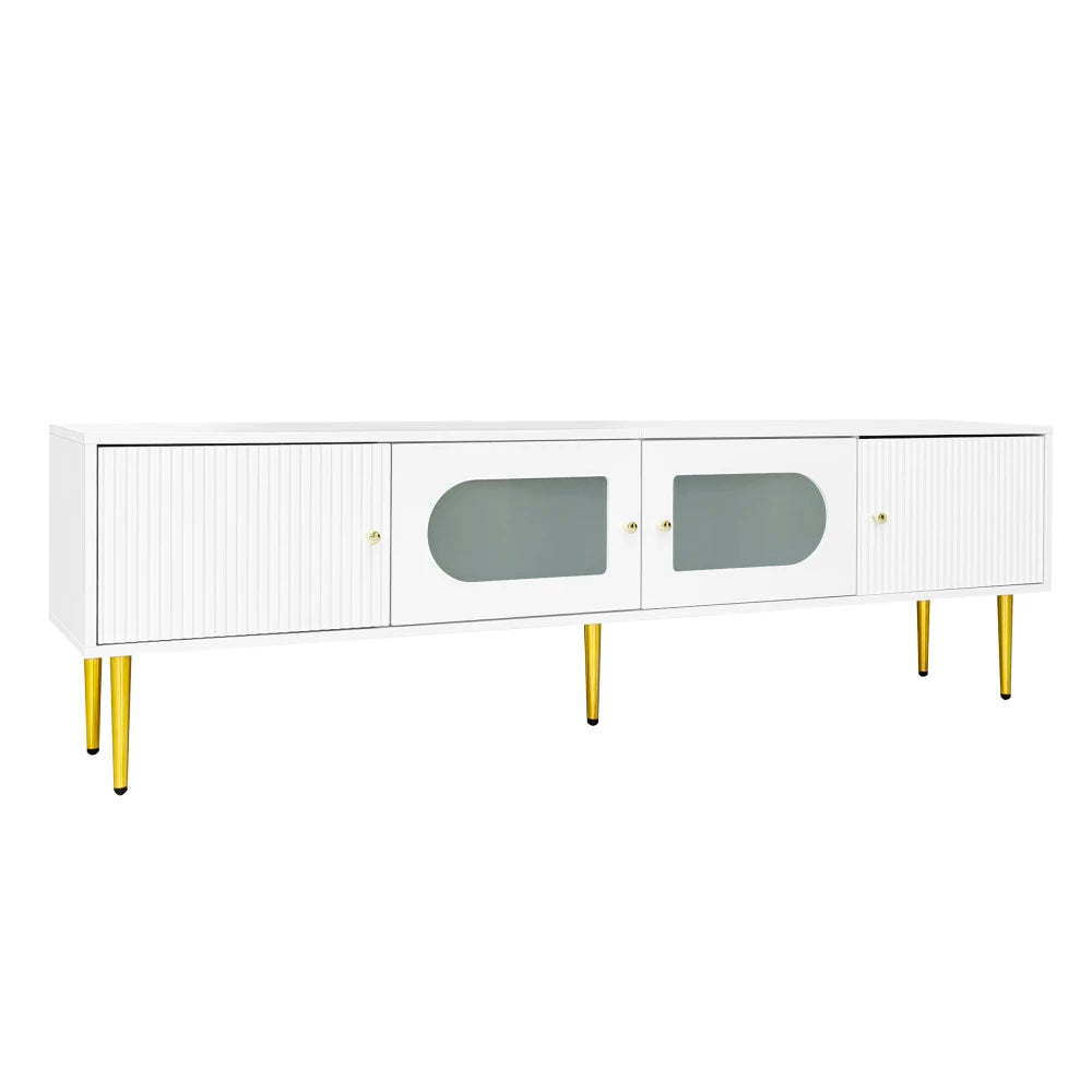 TV-Meubel – Tv-Kast – Meubel Voor Televisie – TV Dressoir – Witgelakt Met Gouden Poten – Ruimte Voor Tv Tot 79 Inch – Geruisloze Scharnieren