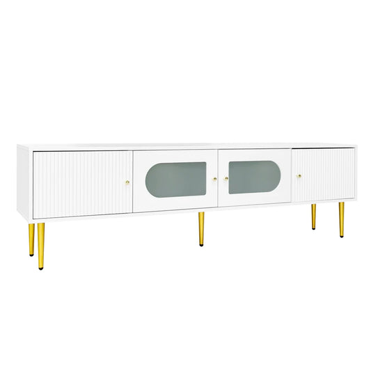 TV-Meubel – Tv-Kast – Meubel Voor Televisie – TV Dressoir – Witgelakt Met Gouden Poten – Ruimte Voor Tv Tot 79 Inch – Geruisloze Scharnieren