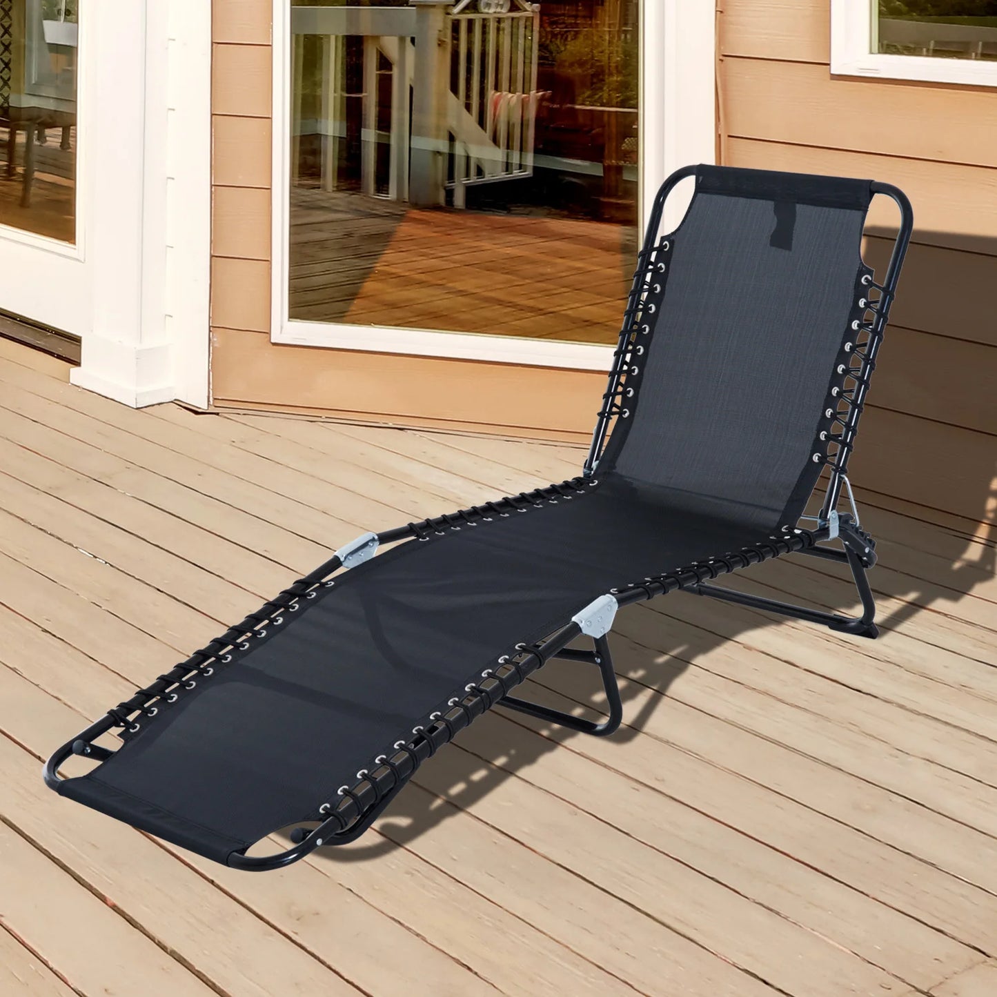 Verstelbare Vouwbare Lounger - 4 Posities - Tuin Recliner - Stalen Frame - Ademend Textilene - Camping, Zwembad, Patio - Zwart - QUORE