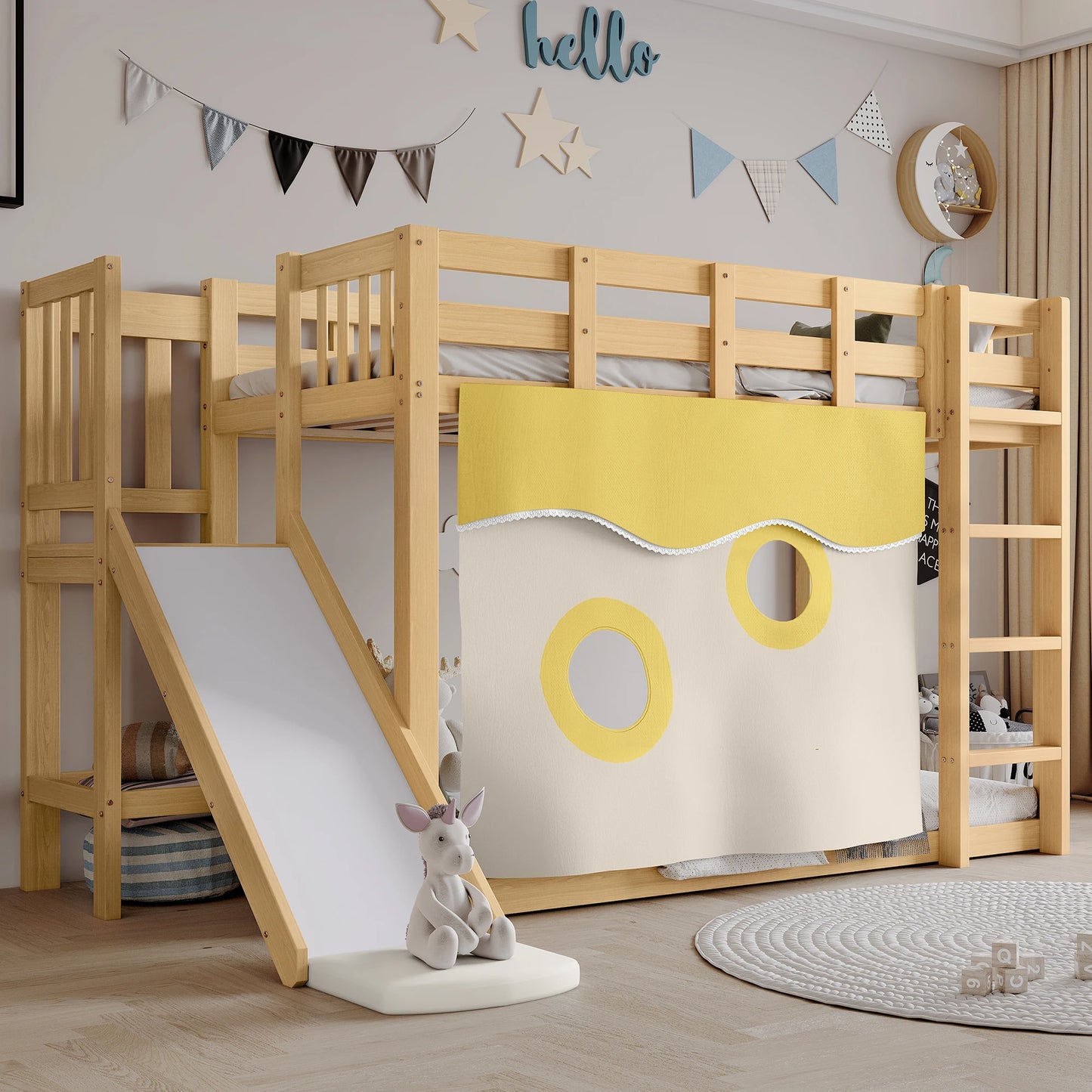 Kinderhoogslaper – Stapelbed – Hoogbed – Speelbed – Bed met Glijbaan – Wit – Ruimtebesparend Ontwerp – Stevig MDF en Grenen Hout