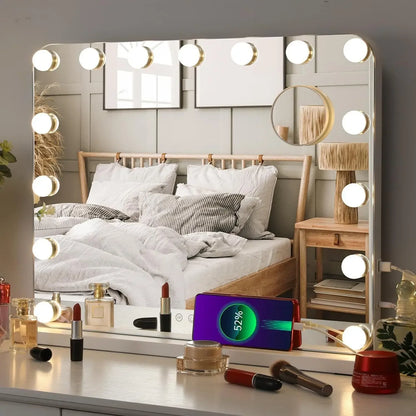 Make-up Spiegel - Spiegel - Hollywood Spiegel - Badkamerspiegel - met Verlichting - 3 Lichtkleuren - 15 Dimbare - Tafel- en Wandmontage - Touchbediening - USB Poort - Wit