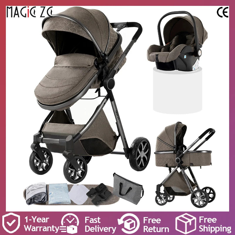 High Landscape 3 in 1 Baby Stroller Convertible Baby Pram with Car Seat Warm Infant Pushchair Easy Folding Travel Stroller