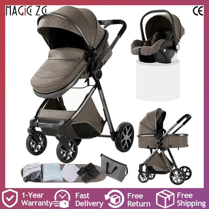 High Landscape 3 in 1 Baby Stroller Convertible Baby Pram with Car Seat Warm Infant Pushchair Easy Folding Travel Stroller