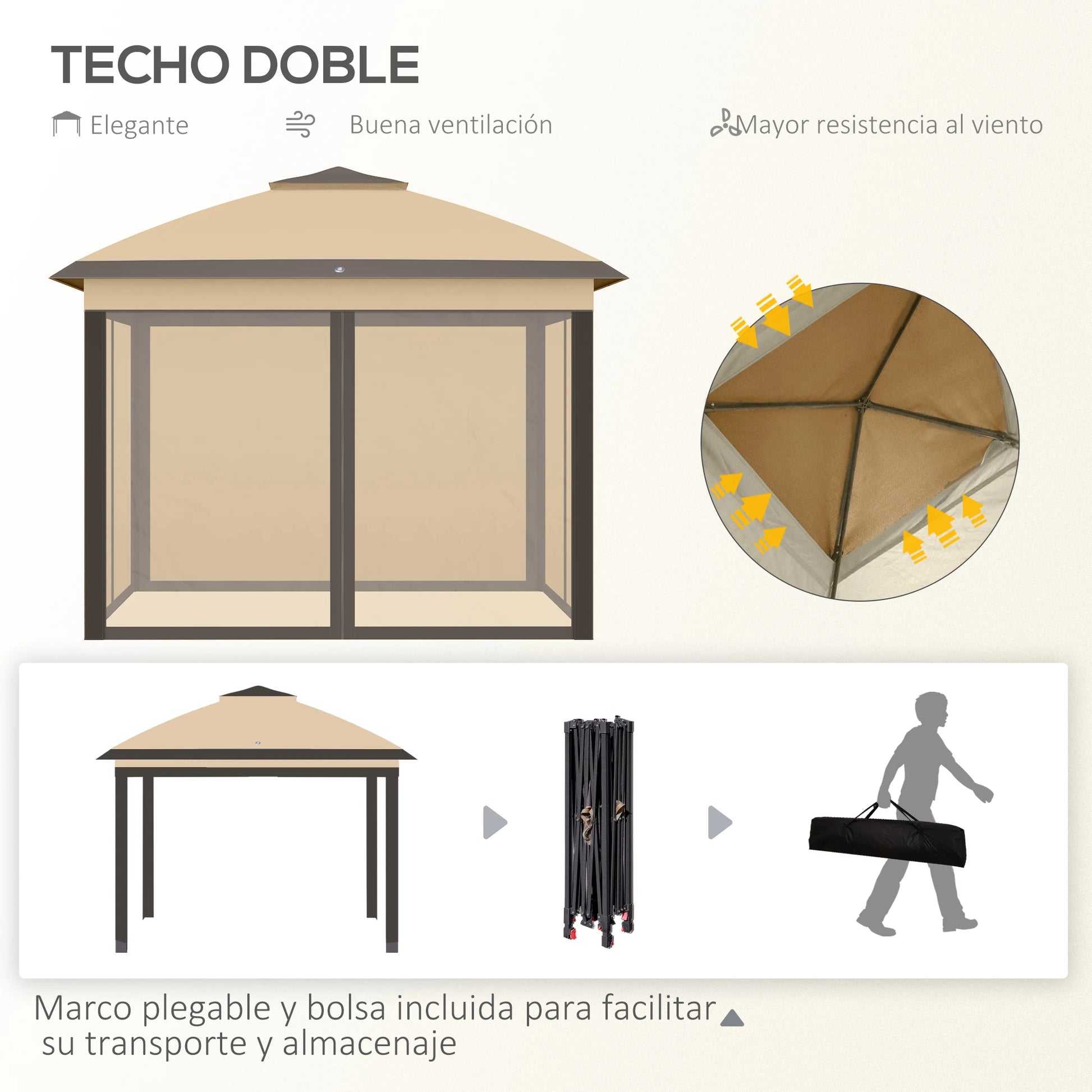 Paviljoen - Tuinpaviljoen - Partytent - Tuintent - Pop-up Kliksysteem - Stabiel - Vouwtent - met Mesh Cover - Draagtas - Opvouwbaar - Waterdicht - Winterbestendig - 50+UV-Bescherming - voor Tuin - Buiten - Achtertuin - 330 x 330 x 288 cm - Beige - QUORE