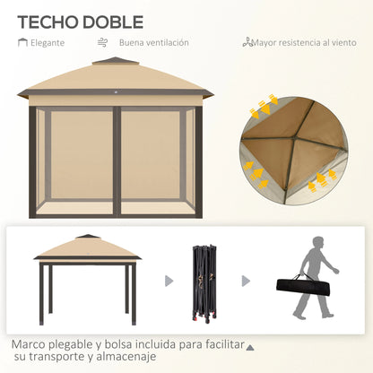 Paviljoen - Tuinpaviljoen - Partytent - Tuintent - Pop-up Kliksysteem - Stabiel - Vouwtent - met Mesh Cover - Draagtas - Opvouwbaar - Waterdicht - Winterbestendig - 50+UV-Bescherming - voor Tuin - Buiten - Achtertuin - 330 x 330 x 288 cm - Beige - QUORE
