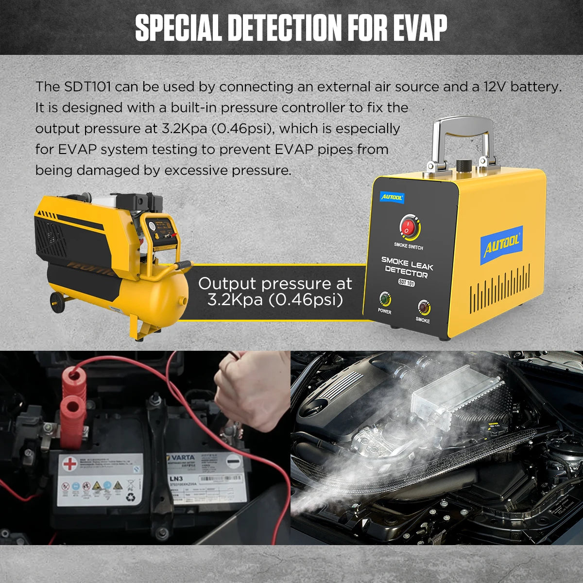 Autool - Diagnoseapparatuur - Voor rooklekken - 6l/min - 12V - Betrouwbaar en efficiënt hulpmiddel voor het detecteren van lekken - Geel - QUORE