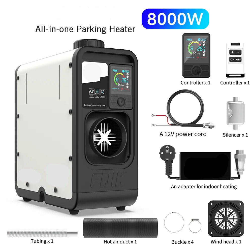 Dieselverwarmer – Diesel Heater – Parkeer Verwarmer – 12V 24V 220V Verwarming – 8 kW Vermogen – Stil Geluid – Compact & Duurzaam Staal-Aluminium - QUORE
