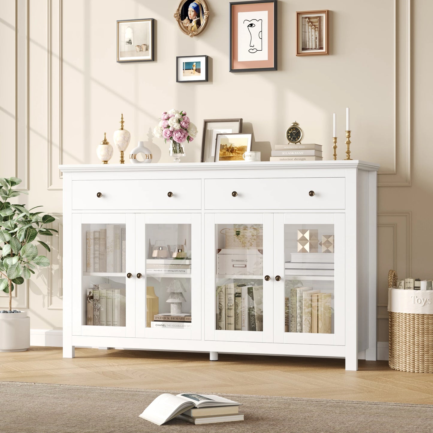 Sideboard – Dressoir – Buffetkast – Opbergkast – Wit – 140x90,7x40 cm – Met Verstelbare Planken en Stil Scharnierend Glas
