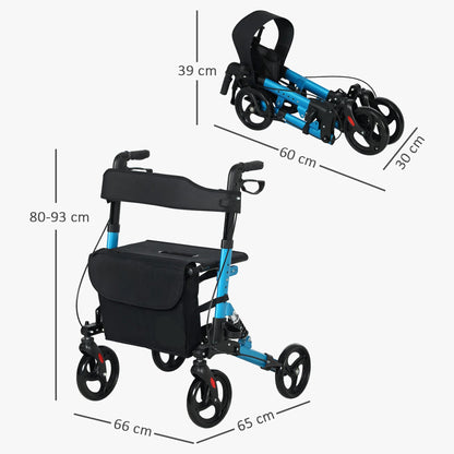 Rollator – Wandelwagen – Looprek – Mobiliteitswagen – Rollator Met Zitje – Lichtgewicht Aluminium – Inklapbaar - 66 x 65 x 80-93 cm - Blauw