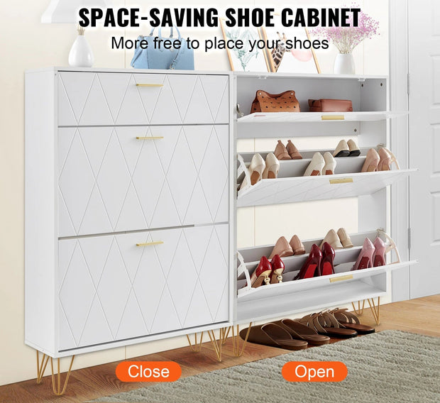 Shoe rack - Shoe cabinet - 3 folding drawers - 80 x 23.9 x 120 cm - P2 chipboard - iron - white
