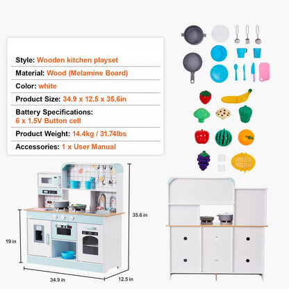 Speelkeuken - Speelgoedkeuken - Keukenset - met Geluid Fantasiespel - Servies - voor 3-6 jaar - Peuters - Solide Structuur - Oneindige Verbeelding - Educatieve Waarde - Leuke Interactie - Hout - 88.6 x 31.75 x 90.4 cm - Wit