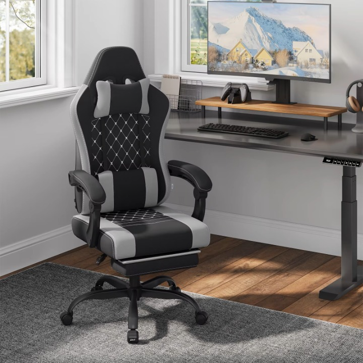 Gaming Stoel - Massage Gaming Stoel - Bureaustoel - Swivel Stoel - met Voetsteun - Hoofdsteun - Verstelbare - Rugleuning - Lendenkussen - Ergonomische - Draaibare - 70 x 70 x 127 cm - Zwart & Grijs