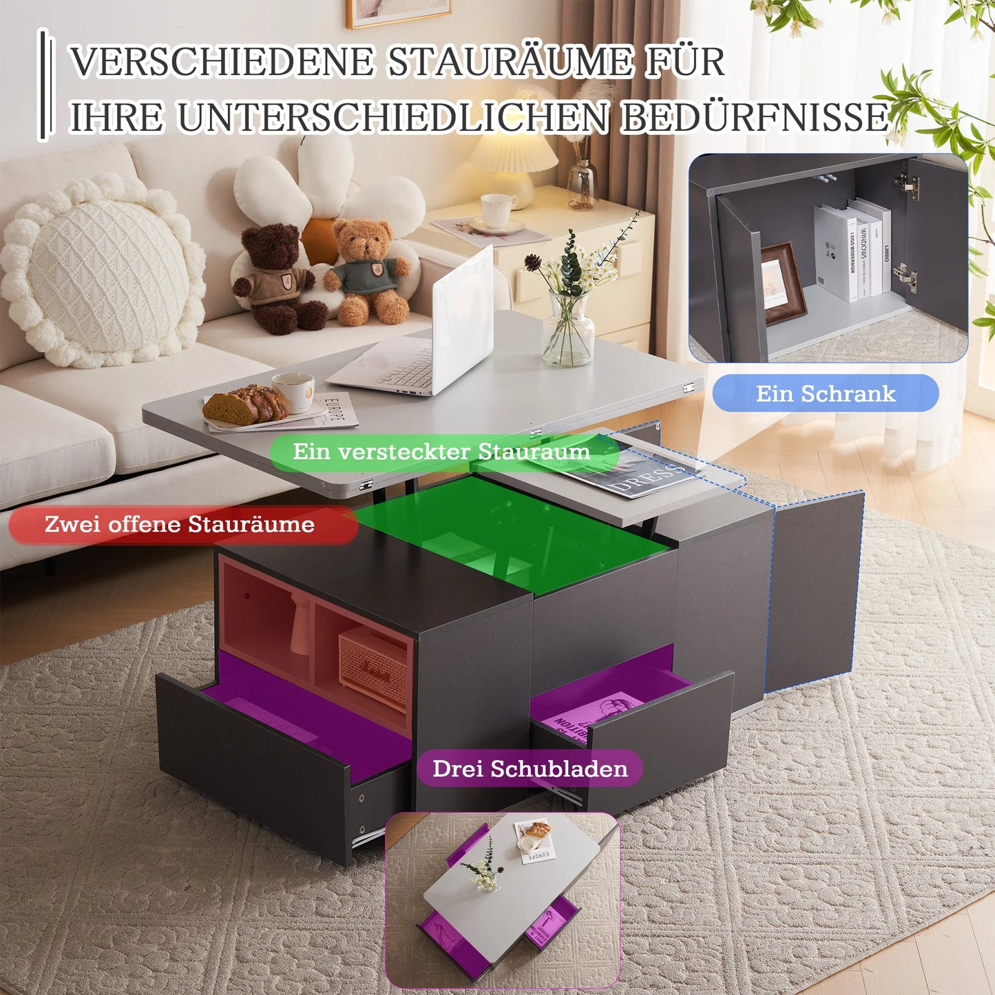 Multifunctionele Uitschuifbare Salontafel – Coffee Table – Woonkamertafel – Bijzettafel – Eettafel – Hoogteverstelbaar – Met 3 Lades en Open Opbergruimte