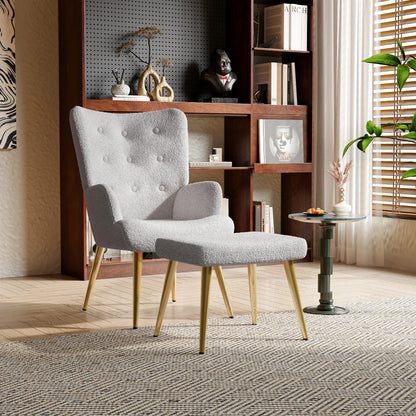 Wing Chair – Fauteuil – Loungestoel – Accentstoel – Relaxstoel – Lichtgrijs Teddy Velvet – Inclusief Voetenbank – Duurzame Dennenhouten Constructie