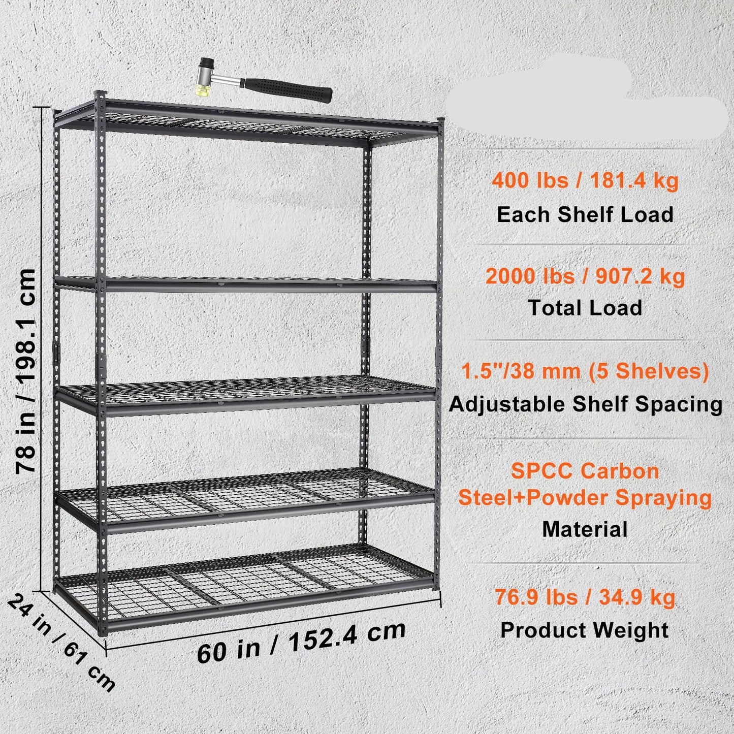 Opbergrek – Opbergrek Met Schappen – Stellingrek – Opslagrek – Verstelbaar – 5 Schappen Met 181 Kg Draagvermogen – Staal Met Poedercoating -  24 x 60 x 78 inch