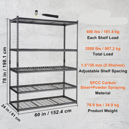 Opbergrek – Opbergrek Met Schappen – Stellingrek – Opslagrek – Verstelbaar – 5 Schappen Met 181 Kg Draagvermogen – Staal Met Poedercoating -  24 x 60 x 78 inch