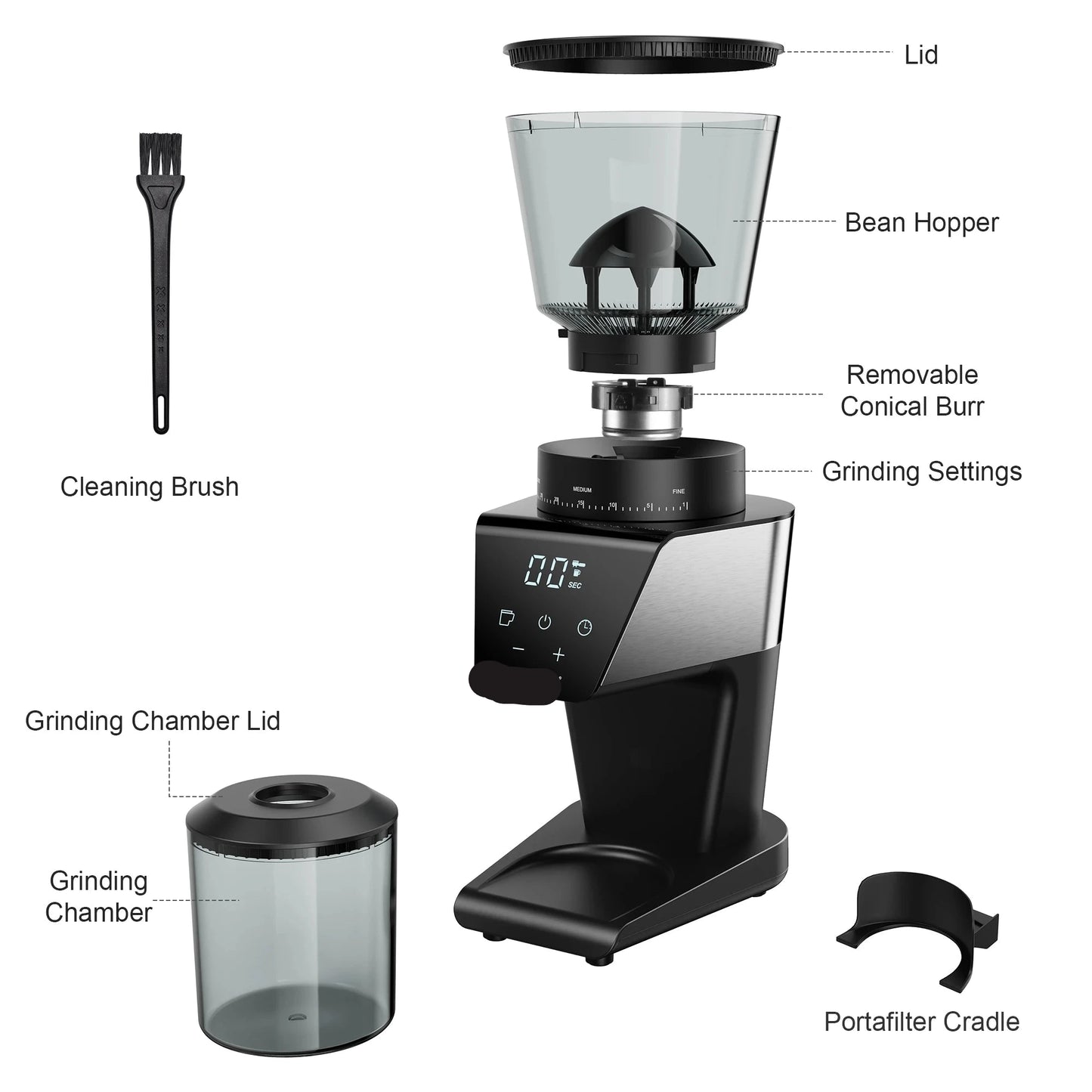 Elektrische Koffie Molen - Automatische Braammolen - Koffiebonen Maler - 30 Tandwiele - voor Espresso - Filterkoffie en French Press - 220V - 300g Bonenreservoir - LCD Timer - QUORE