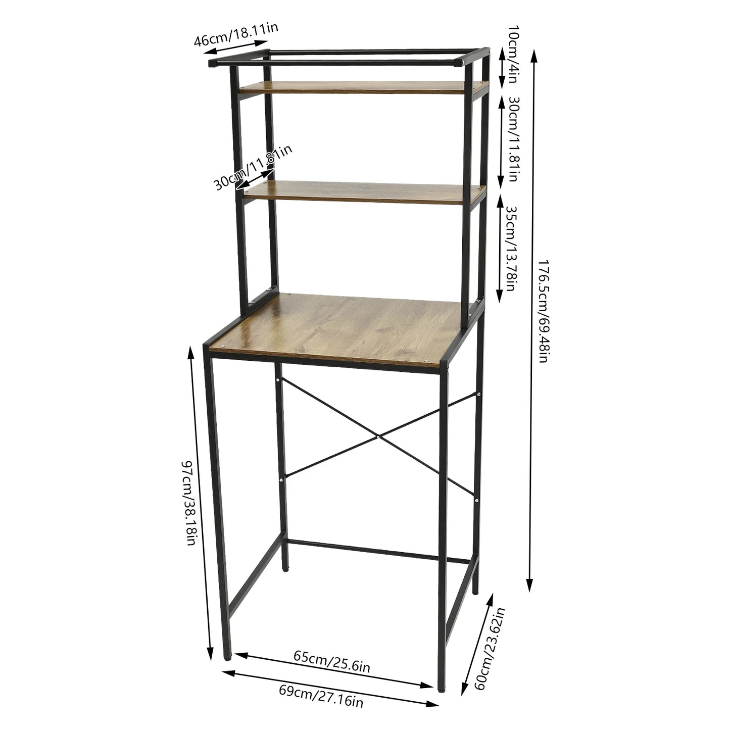 Wasmachine Ombouwmeubel – Kast met 3 Lagen – Wasmachine Rek voor Boven de Wasmachine – 69x60x176.5 cm – Zwart met Eikenhout – Extra Opbergruimte voor Badkamer of Wasruimte - QUORE