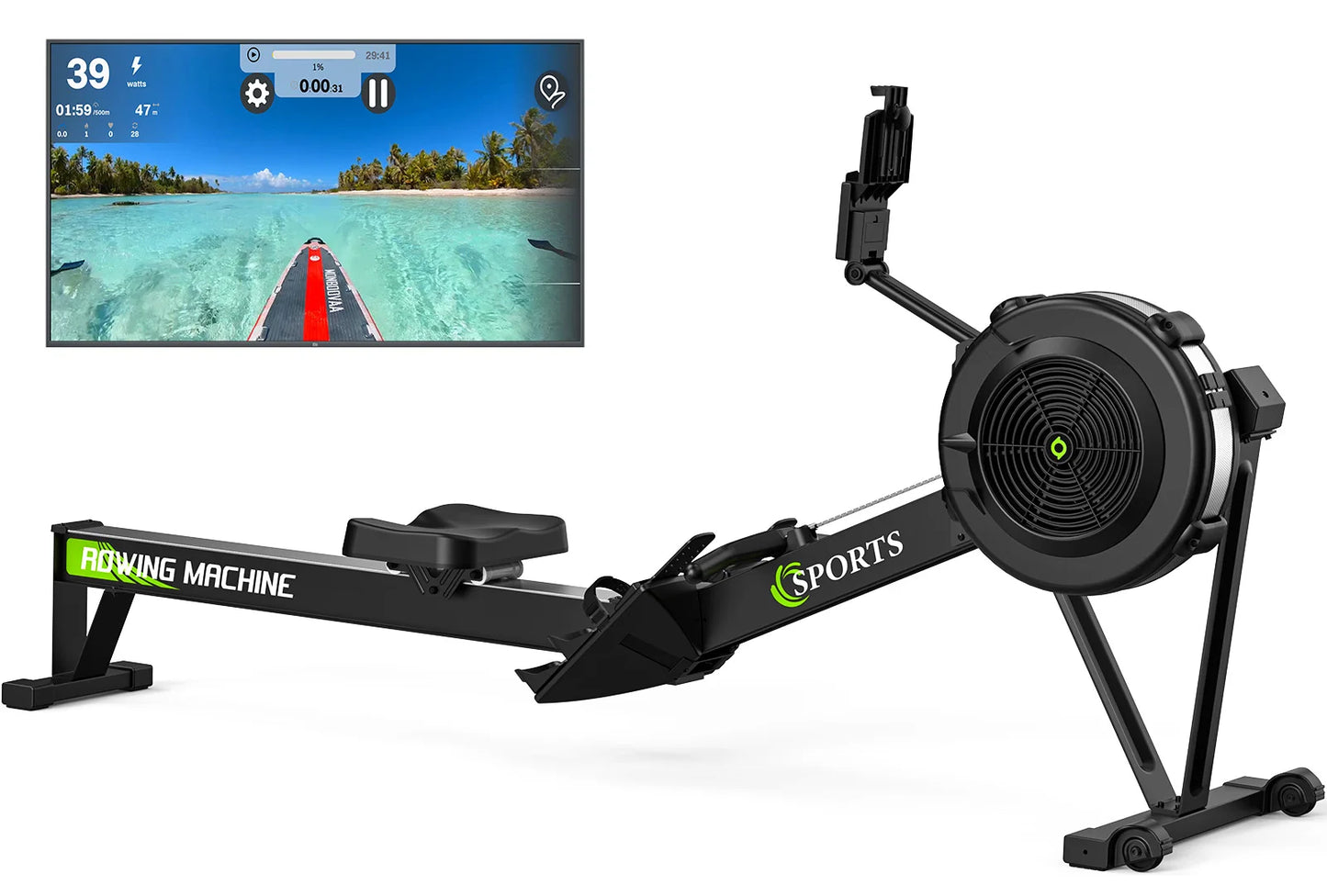 Roeimachine – Rower – Fitnessmachine – Sportmachine – Indoor Trainer – Luchtweerstand Met 10 Niveaus – Bluetooth Display Met Trainingsgegevens – Inklapbaar – Verstelbare Tablet Houder – Zwart – Max 160 kg