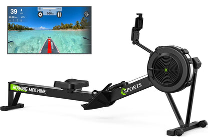 Roeimachine – Rower – Fitnessmachine – Sportmachine – Indoor Trainer – Luchtweerstand Met 10 Niveaus – Bluetooth Display Met Trainingsgegevens – Inklapbaar – Verstelbare Tablet Houder – Zwart – Max 160 kg