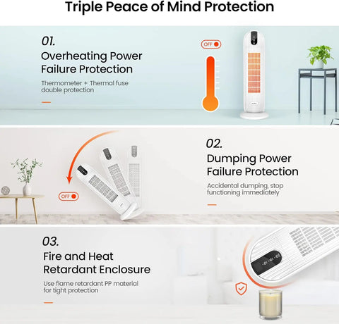 Sejoy - Heater - Electric heater - Silent electric heater - 3 positions 90° oscillating - Overheating protection - Tilt protection - White