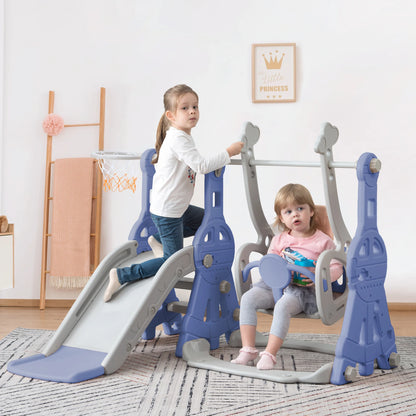 Kinder Speeltoestel - 4-in-1 - Speeltoestel - Schommel - Glijbaan - Basketbal - Klimladder - Binnen - Buiten - Blauw - 140 x 118 x 102 cm