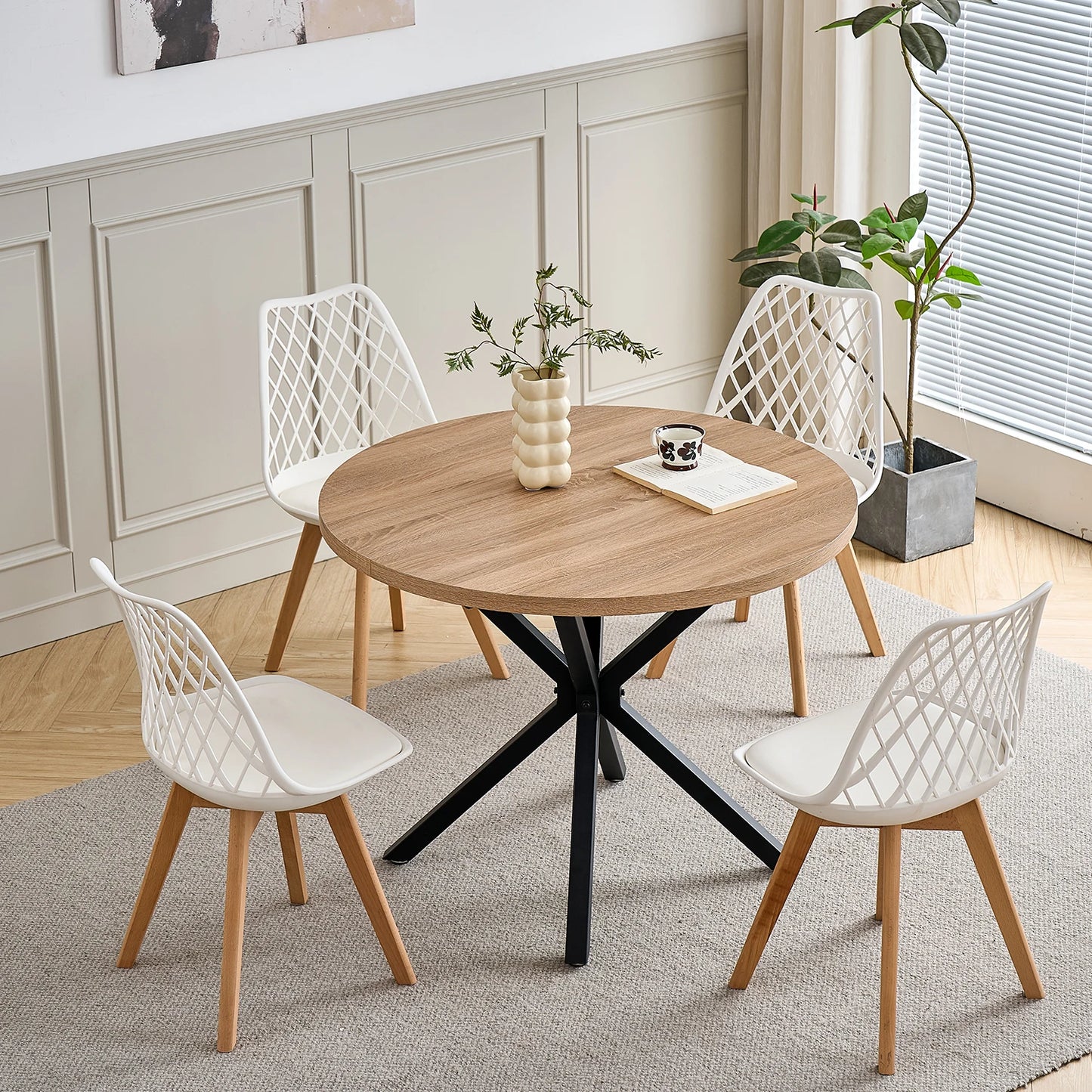 Set of 4 / 6 Modern Mesh Back Dining Chair with Solid Wood Legs and Upholstered Cushions, for Dining Room/Bedroom, Cafe Chair