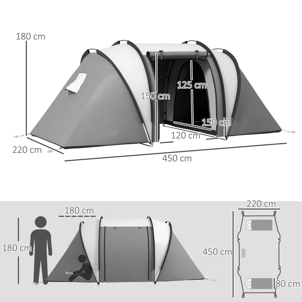 Tent – Familietent – Kampeertent – Tunnelvormige Tent – 4-5 Personen – Waterdicht 3000 Mm – Twee Aparte Slaapcabines - 450 x 220 x 180 cm - Donkergrijs
