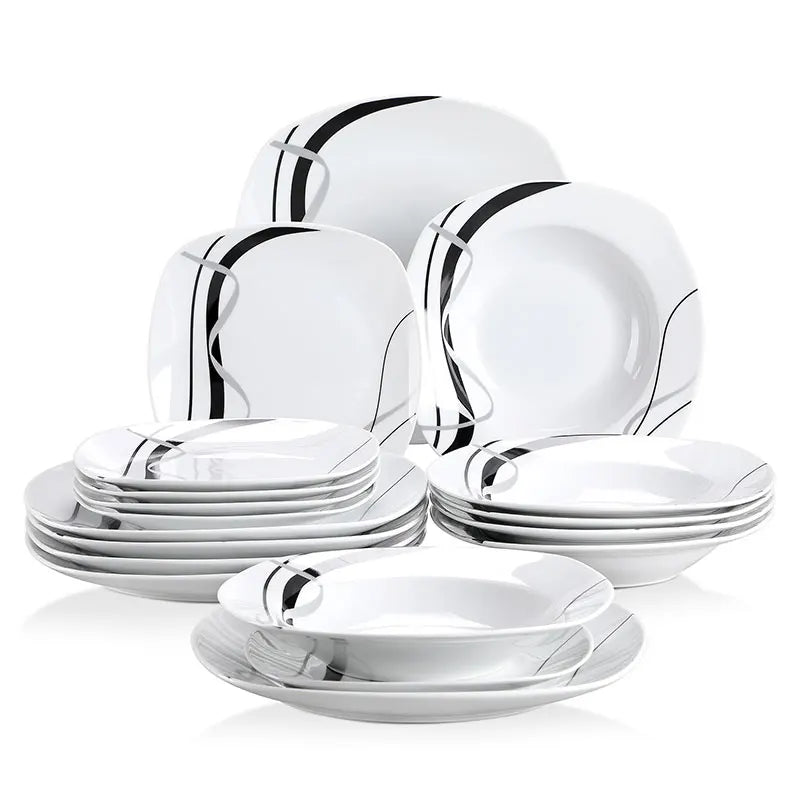 Serviesset - Servies – Dinerborden - Ronde Borden - Zwarte Lijn - 18-Delige – Soepborden - Dessertborden – Voor Keuken - Eettafel