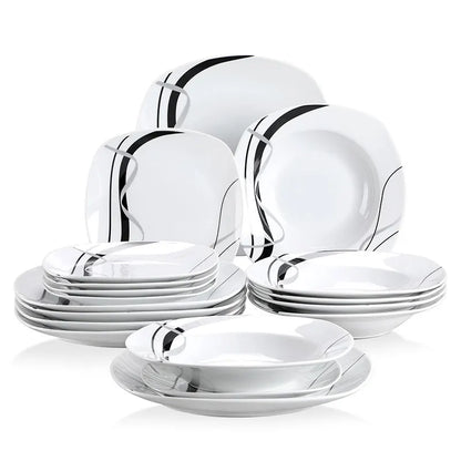 Serviesset - Servies – Dinerborden - Ronde Borden - Zwarte Lijn - 18-Delige – Soepborden - Dessertborden – Voor Keuken - Eettafel