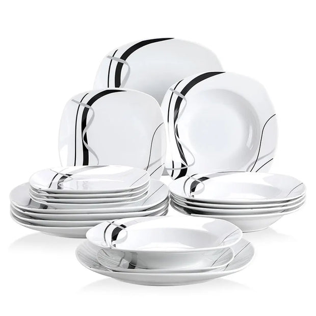 Dinnerware set - Porcelain Dinnerware - Dinner Plates - Round Plates - Black Line - 18-Piece - Soup Plates - Dessert Plates - For Kitchen - Dining Table